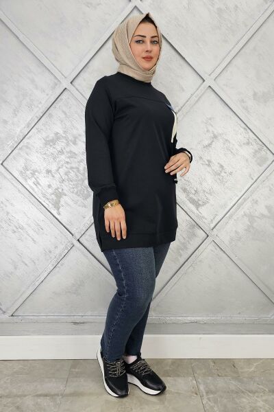 KADIN KOMBİN VE BAĞCIK DETAYLI TESETTÜR TUNİK SİYAH - 3XL