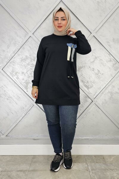 KADIN KOMBİN VE BAĞCIK DETAYLI TESETTÜR TUNİK SİYAH - 3XL