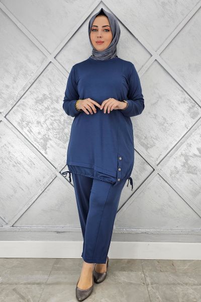 KADIN DÜĞME BAĞCIK DETAYLI TESETTÜR TAKIM İNDİGO - 4 BEDEN