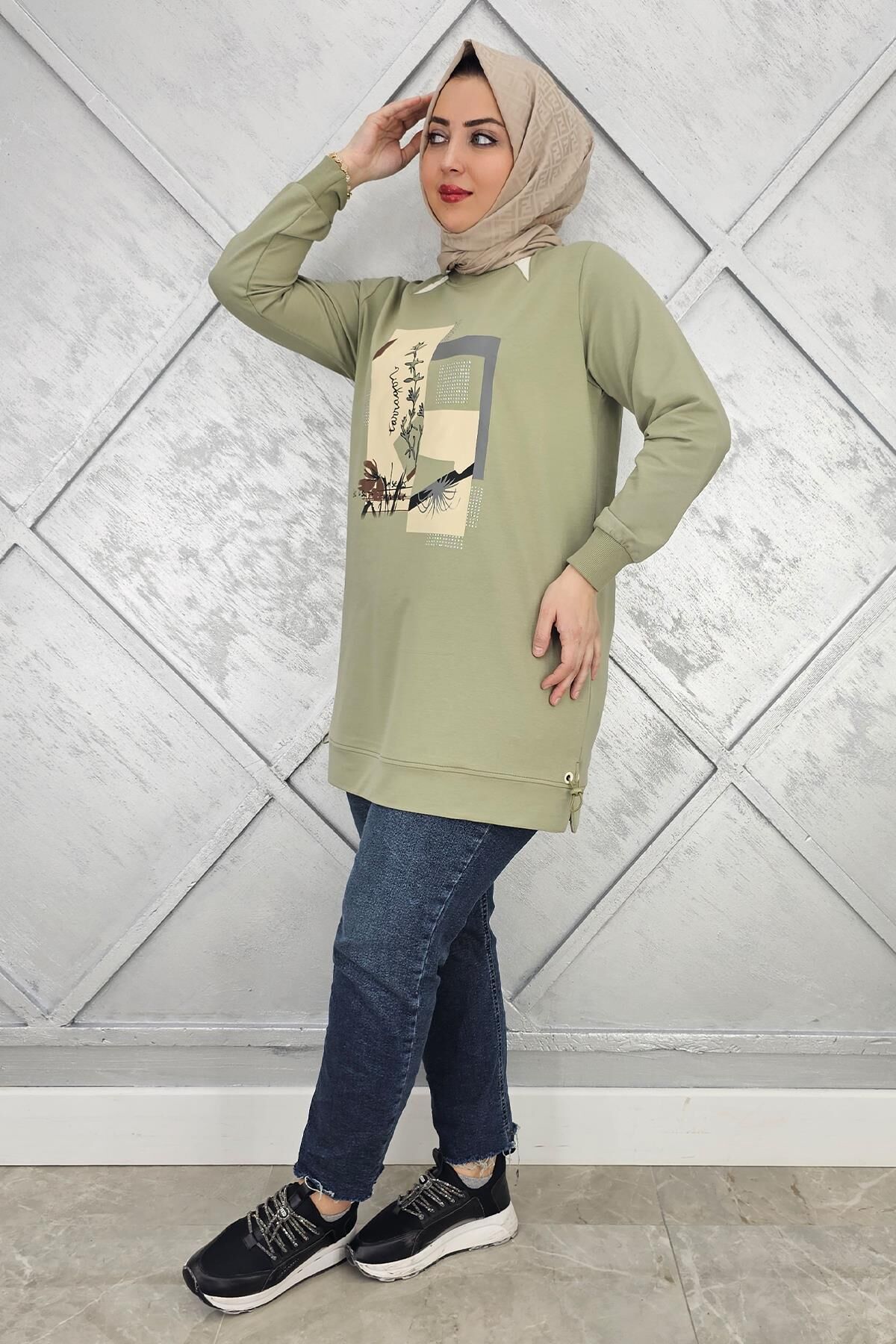 KADIN BASKI TAŞ DETAYLI TESETTÜR TUNİK MİNT YEŞİLİ - 5 BEDEN