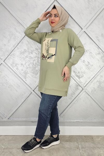 KADIN BASKI TAŞ DETAYLI TESETTÜR TUNİK MİNT YEŞİLİ - 5 BEDEN