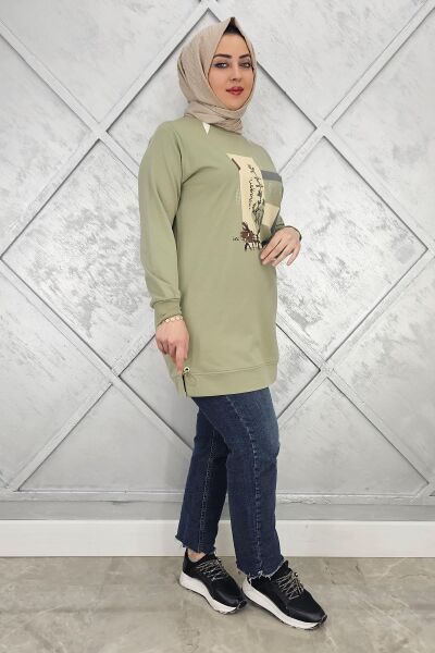 KADIN BASKI TAŞ DETAYLI TESETTÜR TUNİK MİNT YEŞİLİ - 5 BEDEN