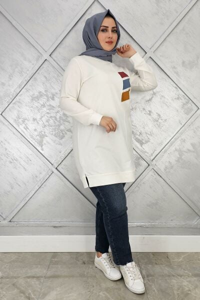 KADIN PARAŞÜT KUMAŞ KOMBİNLİ TESETTÜR TUNİK EKRU - 2XL