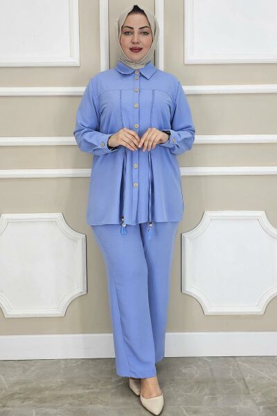 PYS KADIN DANTEL ŞERİT DETAYLI TESETTÜR TAKIM MAVİ - 5 BEDEN