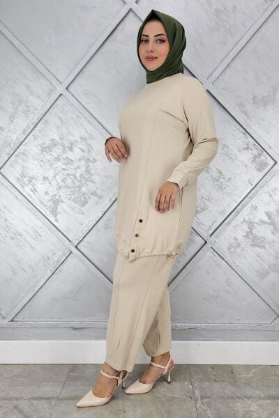 KADIN DÜĞME BAĞCIK DETAYLI TESETTÜR TAKIM BEJ - 2 BEDEN