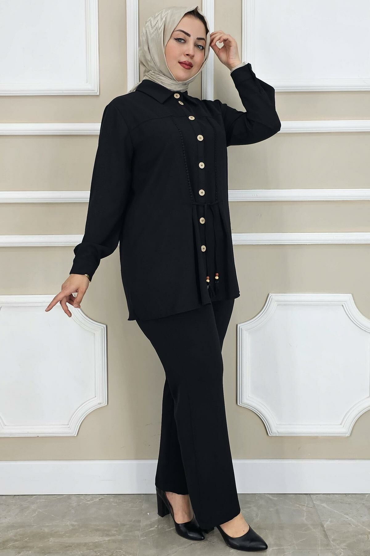 PYS KADIN DANTEL ŞERİT DETAYLI TESETTÜR TAKIM SİYAH - 4 BEDEN