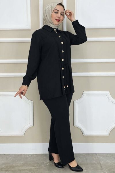 PYS KADIN DANTEL ŞERİT DETAYLI TESETTÜR TAKIM SİYAH - 4 BEDEN
