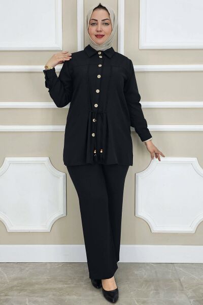 PYS KADIN DANTEL ŞERİT DETAYLI TESETTÜR TAKIM SİYAH - 4 BEDEN