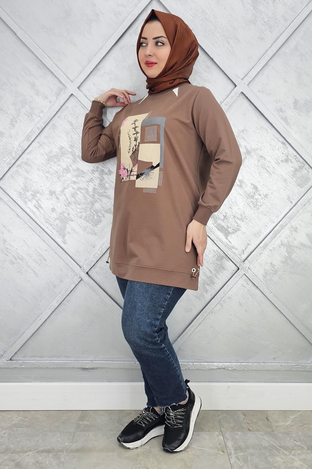 KADIN BASKI TAŞ DETAYLI TESETTÜR TUNİK VİZON - 4 BEDEN