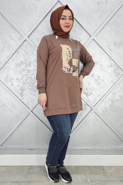 KADIN BASKI TAŞ DETAYLI TESETTÜR TUNİK VİZON - 4 BEDEN