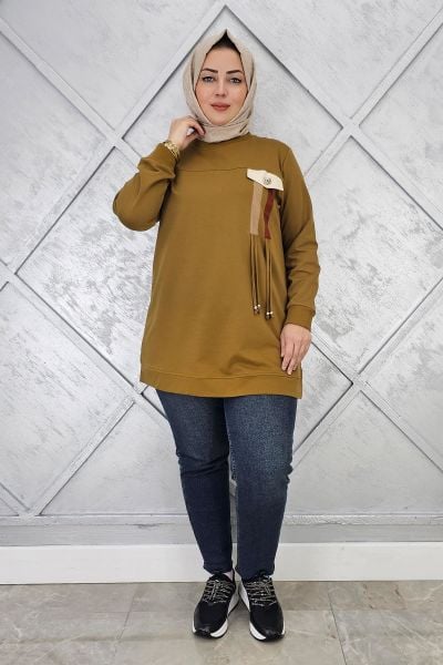 KADIN KOMBİN VE BAĞCIK DETAYLI TESETTÜR TUNİK YAĞ YEŞİLİ - 2XL