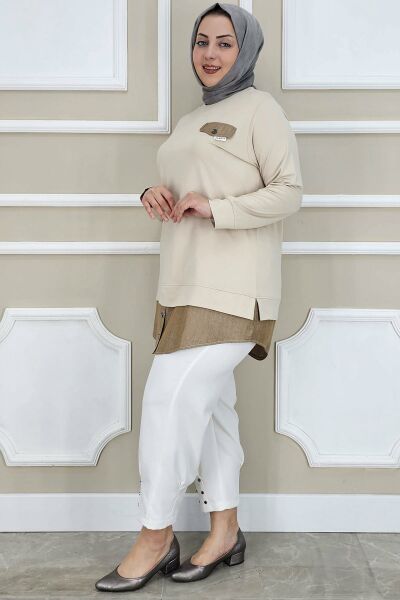 PYS KADIN KOT KOMBİNLİ DÜĞME DETAYLI TESETTÜR TUNİK BEJ - 4 BEDEN