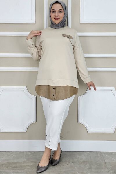 PYS KADIN KOT KOMBİNLİ DÜĞME DETAYLI TESETTÜR TUNİK BEJ - 4 BEDEN