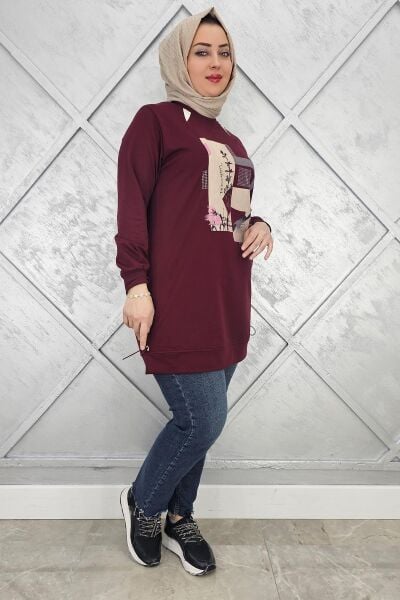 KADIN BASKI TAŞ DETAYLI TESETTÜR TUNİK BORDO - 4 BEDEN