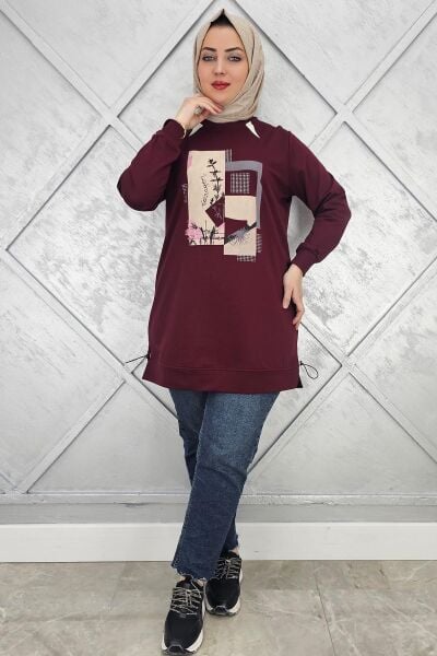 KADIN BASKI TAŞ DETAYLI TESETTÜR TUNİK BORDO - 4 BEDEN