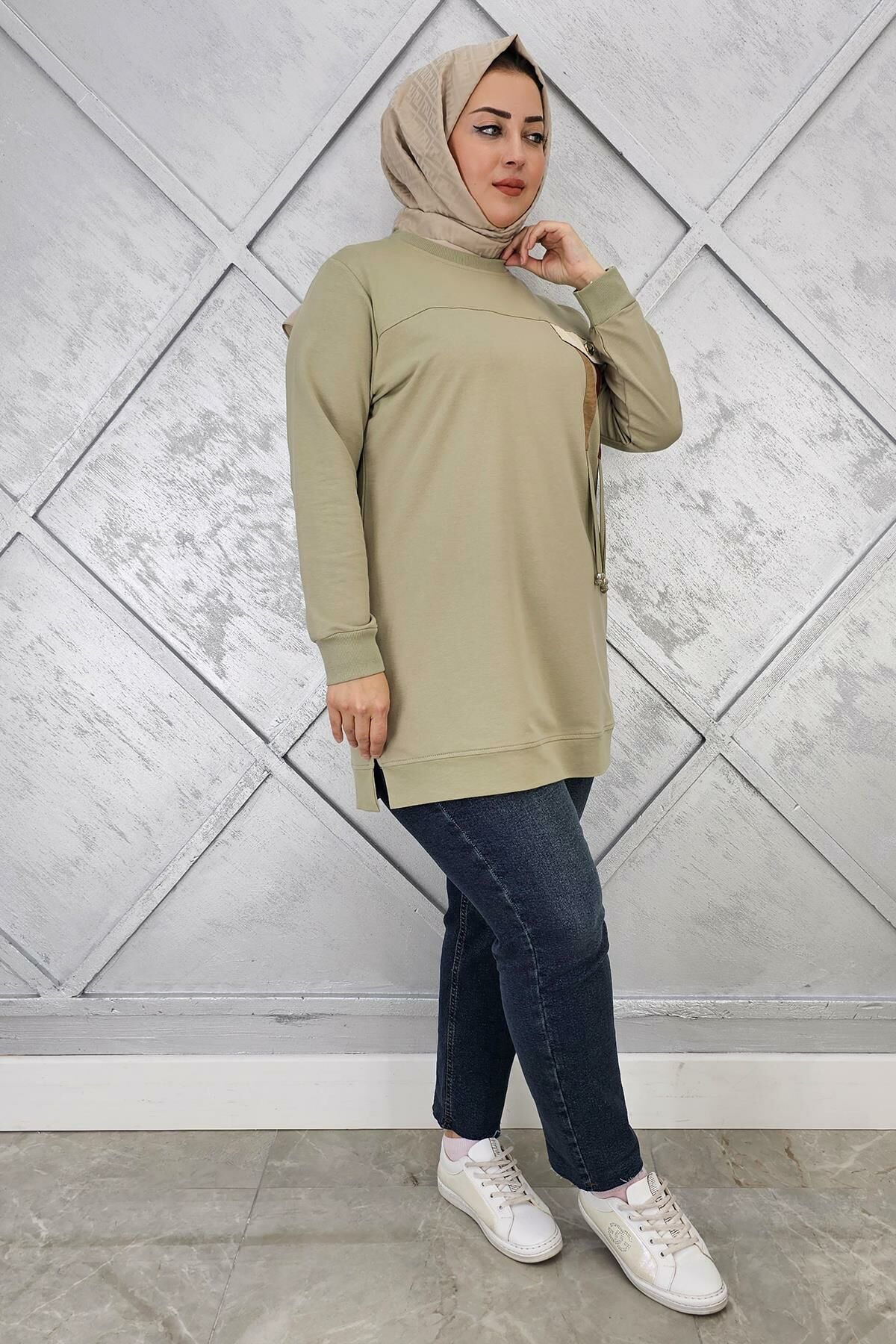 KADIN KOMBİN VE BAĞCIK DETAYLI TESETTÜR TUNİK MİNT YEŞİLİ - 2XL