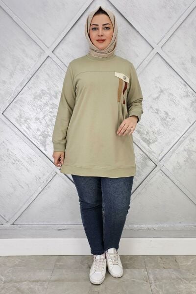 KADIN KOMBİN VE BAĞCIK DETAYLI TESETTÜR TUNİK MİNT YEŞİLİ - 2XL
