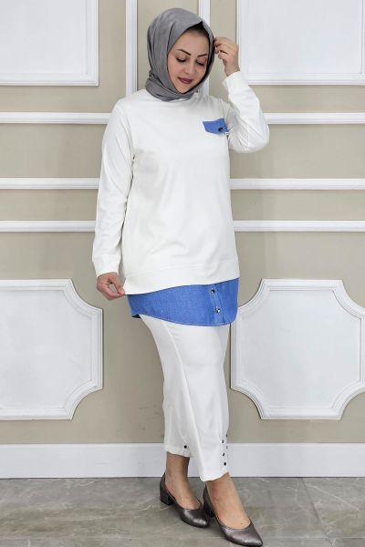 PYS KADIN KOT KOMBİNLİ DÜĞME DETAYLI TESETTÜR TUNİK EKRU - 4 BEDEN