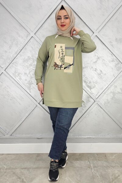KADIN BASKI TAŞ DETAYLI TESETTÜR TUNİK MİNT YEŞİLİ - 2 BEDEN