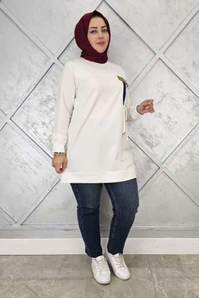 KADIN KOMBİN VE BAĞCIK DETAYLI TESETTÜR TUNİK EKRU - 2XL