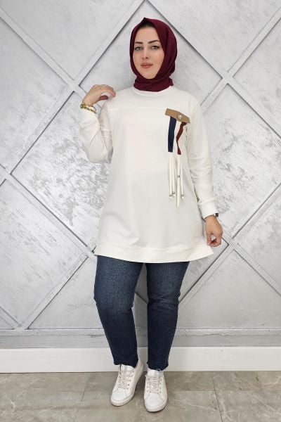 KADIN KOMBİN VE BAĞCIK DETAYLI TESETTÜR TUNİK EKRU - 2XL