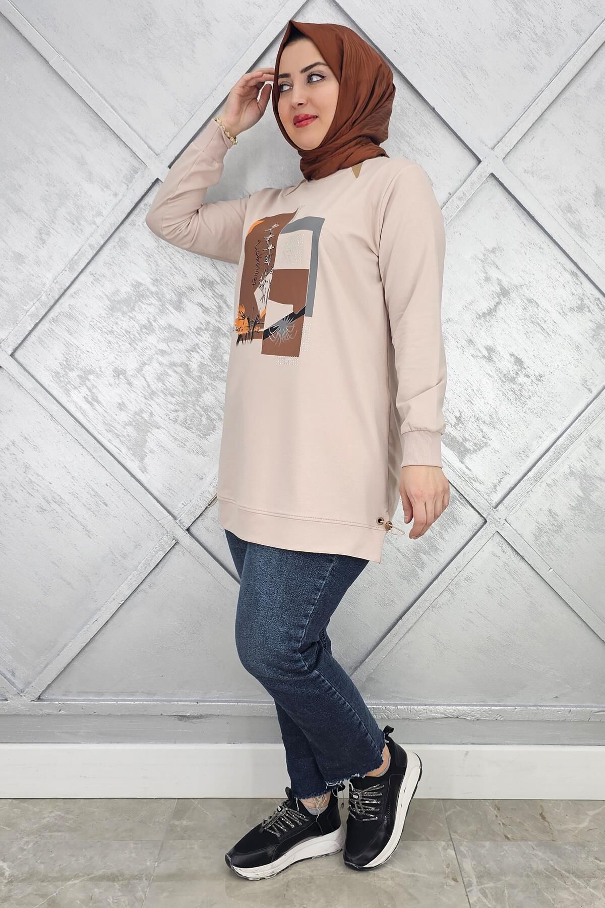 KADIN BASKI TAŞ DETAYLI TESETTÜR TUNİK BEJ - 4 BEDEN
