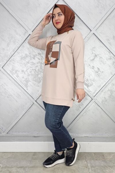 KADIN BASKI TAŞ DETAYLI TESETTÜR TUNİK BEJ - 4 BEDEN