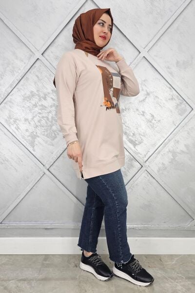 KADIN BASKI TAŞ DETAYLI TESETTÜR TUNİK BEJ - 4 BEDEN