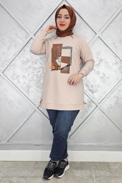 KADIN BASKI TAŞ DETAYLI TESETTÜR TUNİK BEJ - 4 BEDEN