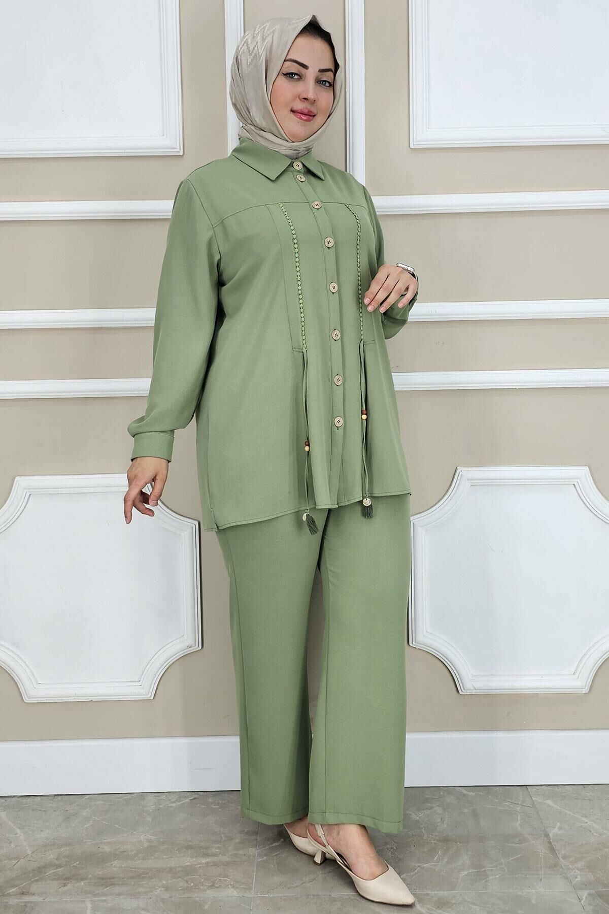 PYS KADIN DANTEL ŞERİT DETAYLI TESETTÜR TAKIM YEŞİL - 5 BEDEN