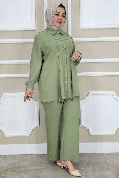 PYS KADIN DANTEL ŞERİT DETAYLI TESETTÜR TAKIM YEŞİL - 5 BEDEN