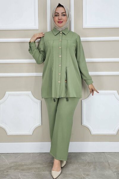 PYS KADIN DANTEL ŞERİT DETAYLI TESETTÜR TAKIM YEŞİL - 5 BEDEN