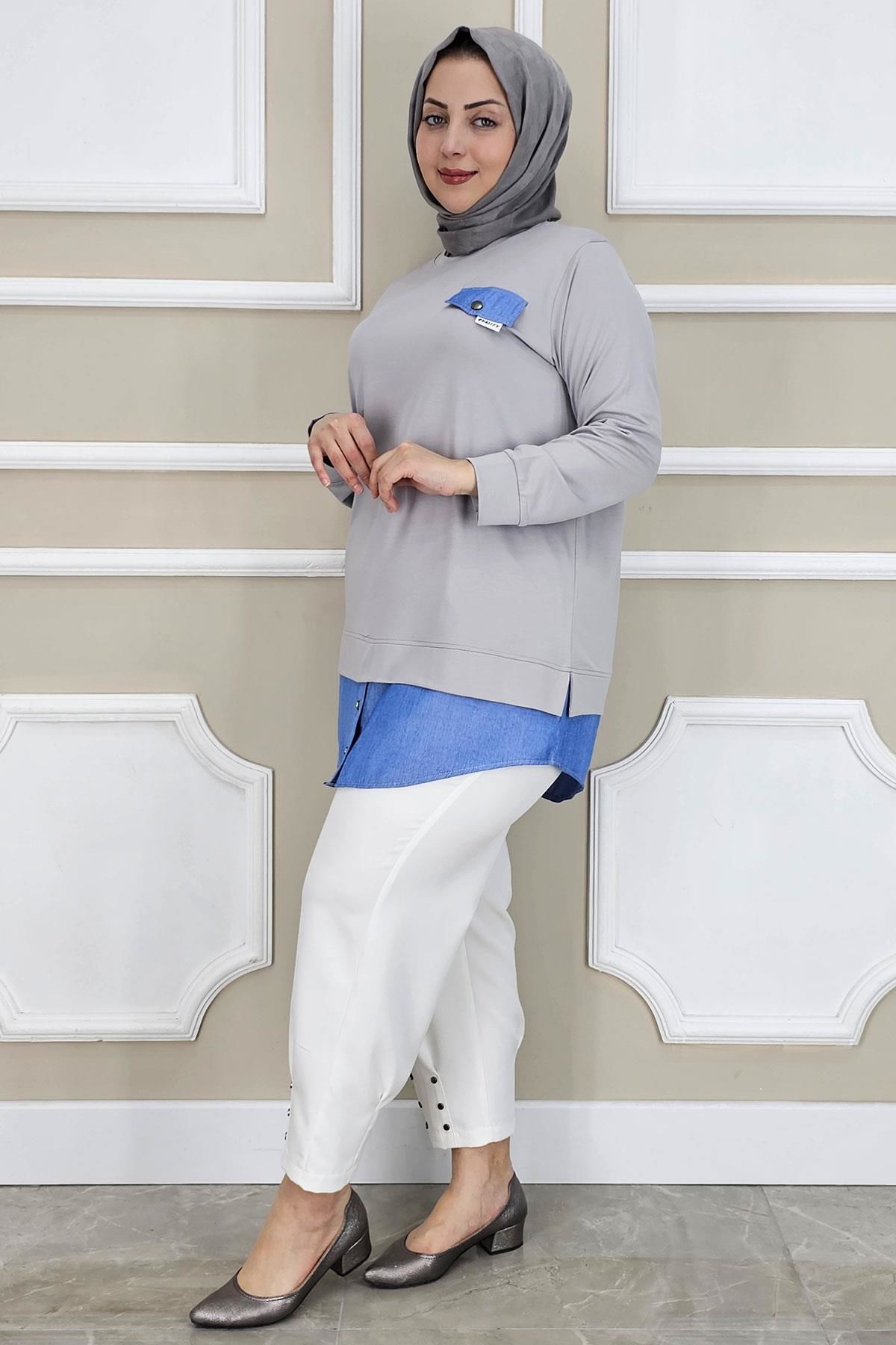 PYS KADIN KOT KOMBİNLİ DÜĞME DETAYLI TESETTÜR TUNİK GRİ - 2 BEDEN