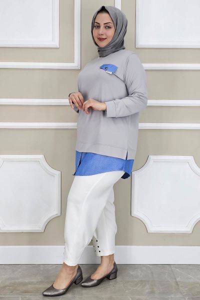 PYS KADIN KOT KOMBİNLİ DÜĞME DETAYLI TESETTÜR TUNİK GRİ - 2 BEDEN