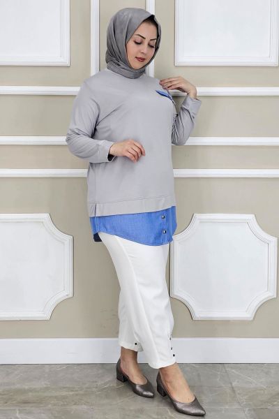 PYS KADIN KOT KOMBİNLİ DÜĞME DETAYLI TESETTÜR TUNİK GRİ - 2 BEDEN