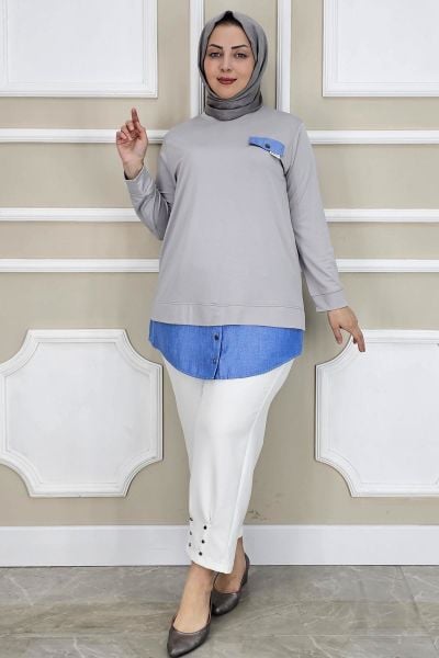 PYS KADIN KOT KOMBİNLİ DÜĞME DETAYLI TESETTÜR TUNİK GRİ - 2 BEDEN