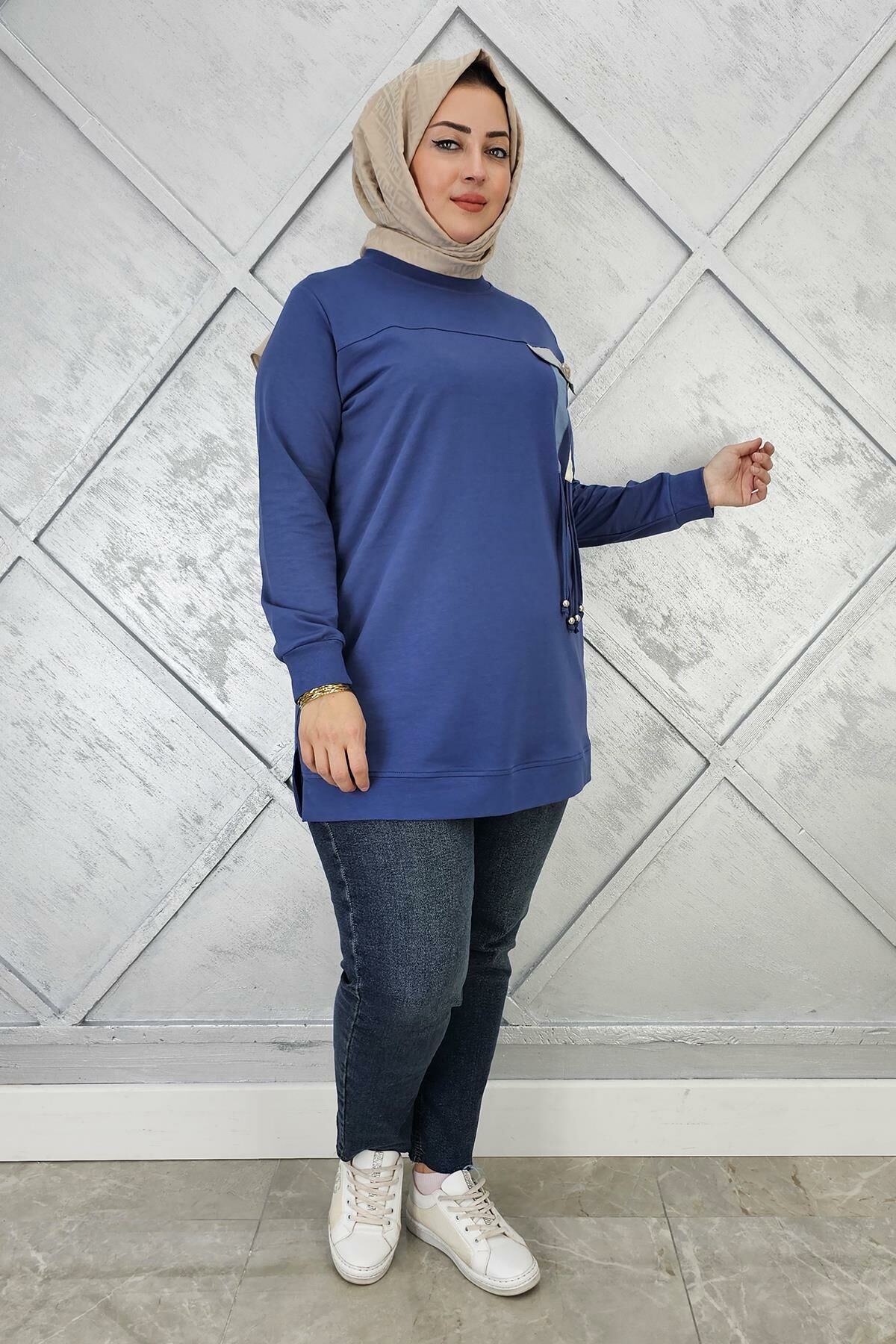 KADIN KOMBİN VE BAĞCIK DETAYLI TESETTÜR TUNİK İNDİGO - XL