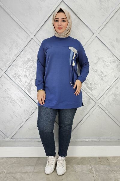 KADIN KOMBİN VE BAĞCIK DETAYLI TESETTÜR TUNİK İNDİGO - XL