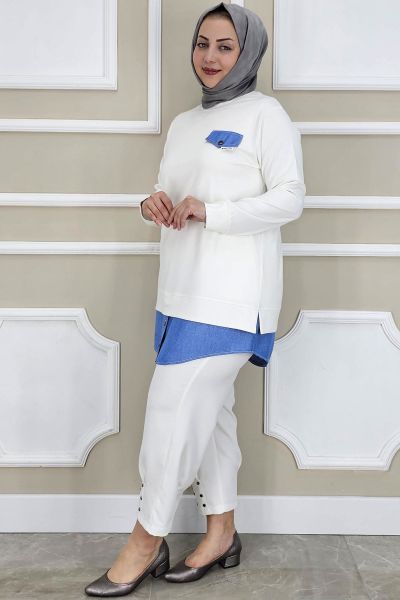 PYS KADIN KOT KOMBİNLİ DÜĞME DETAYLI TESETTÜR TUNİK EKRU - 5 BEDEN