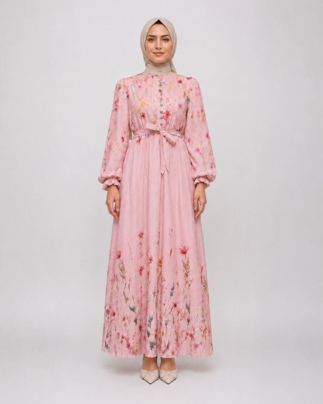 EFULİM ÇİÇEK DESENLİ TÜL ELBİSE PEMBE - S