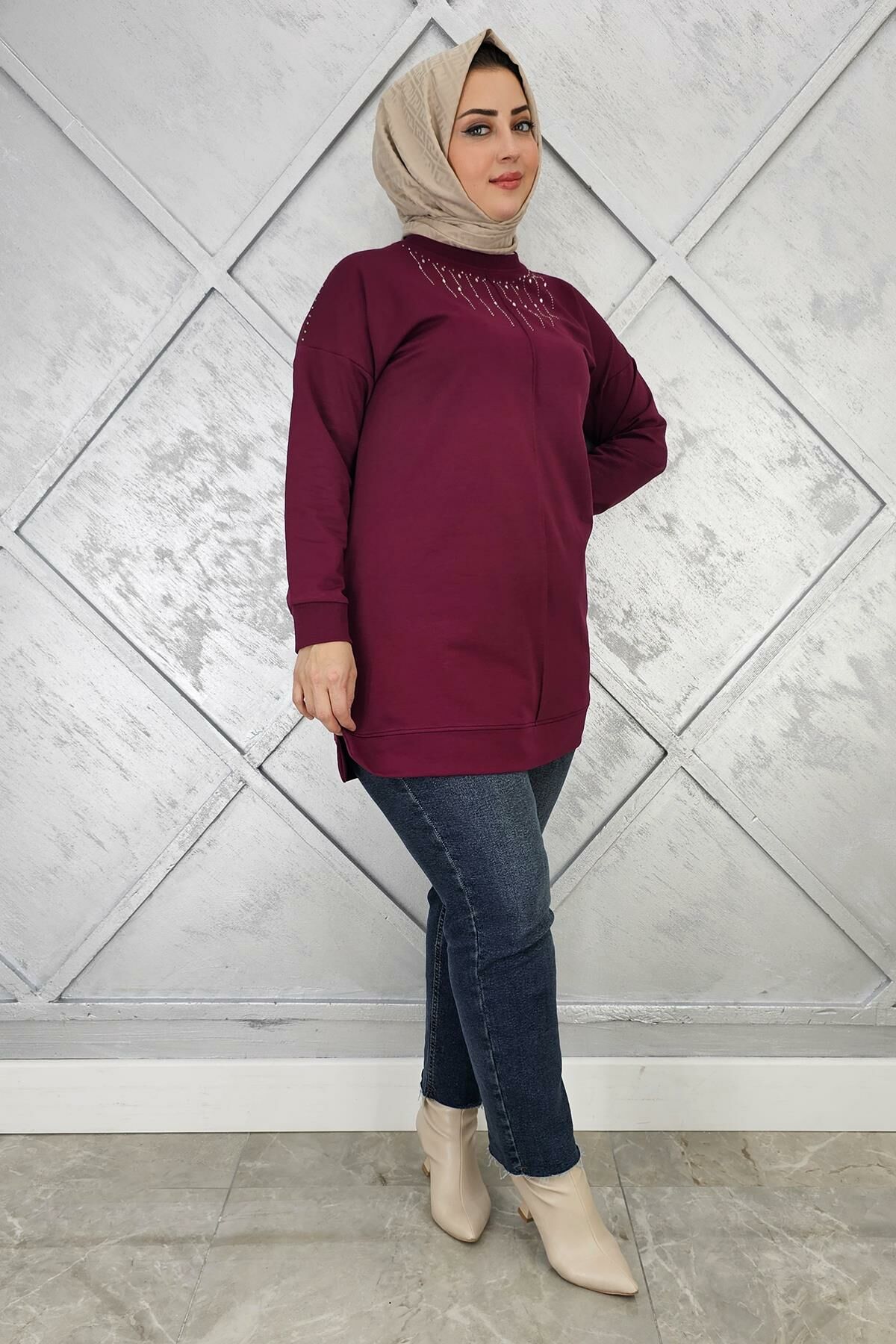 KADIN TAŞ DETAYLI TESETTÜR TUNİK BORDO - 3 BEDEN