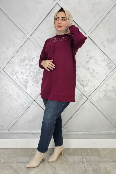 KADIN TAŞ DETAYLI TESETTÜR TUNİK BORDO - 3 BEDEN