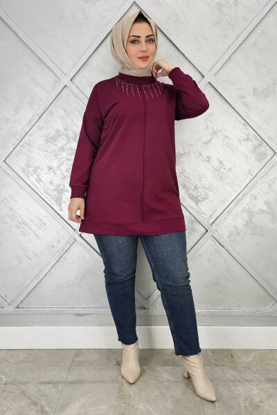 KADIN TAŞ DETAYLI TESETTÜR TUNİK BORDO - 3 BEDEN