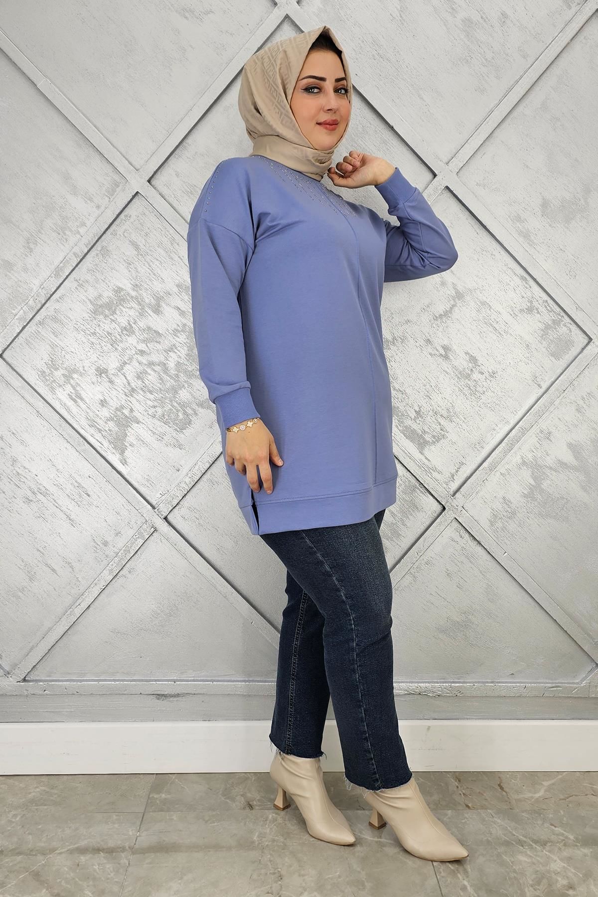 KADIN TAŞ DETAYLI TESETTÜR TUNİK MAVİ - 5 BEDEN