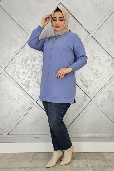 KADIN TAŞ DETAYLI TESETTÜR TUNİK MAVİ - 5 BEDEN
