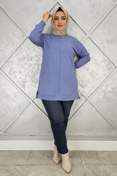KADIN TAŞ DETAYLI TESETTÜR TUNİK MAVİ - 5 BEDEN