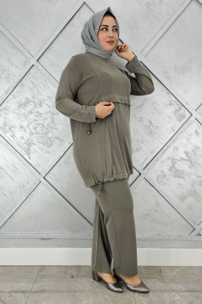 KADIN TAŞ DETALI BAĞCIKLI TESETTÜR TAKIM HAKİ - 4 BEDEN