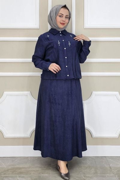 PYS KADIN TAŞ DETAYLI GÖMLEK ETEK TESETTÜR TAKIM LACİVERT - 2 BEDEN