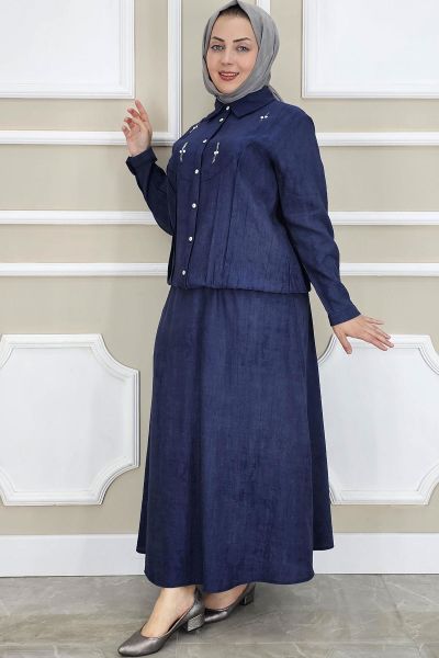 PYS KADIN TAŞ DETAYLI GÖMLEK ETEK TESETTÜR TAKIM LACİVERT - 2 BEDEN