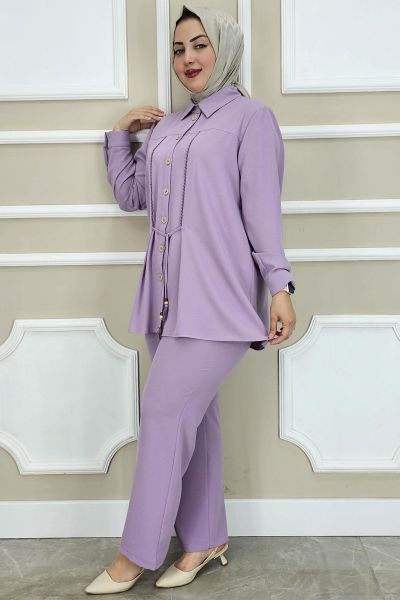 PYS KADIN DANTEL ŞERİT DETAYLI TESETTÜR TAKIM LİLA - 2 BEDEN